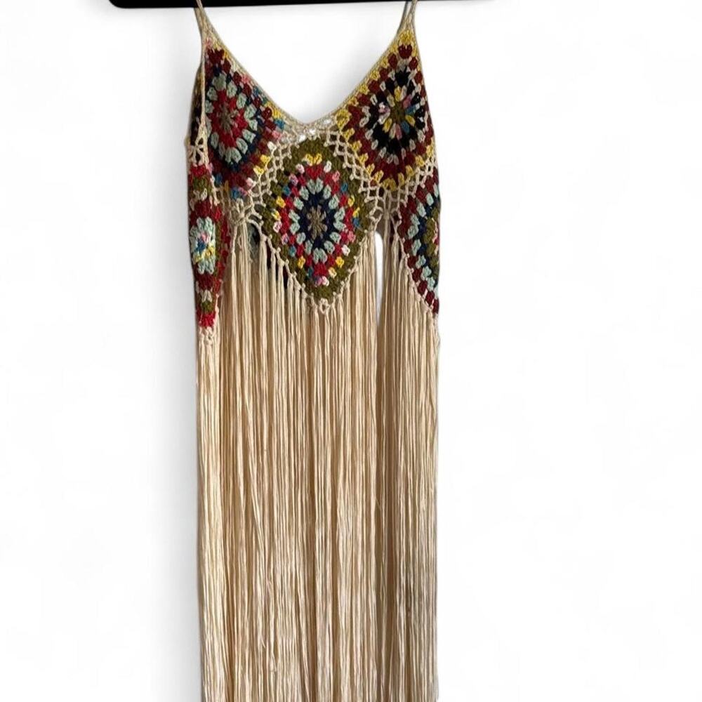 Vintage Crochet Fringe Tank Top Boho Festival L/XL